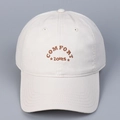 Detailed view of COMFORT ZONES embroidery on soft cotton beige baseball cap fabric - M (56-58cm) / Beige