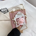 Pink vintage Baroque handbag with white floral frame relief and golden chain strap - Flower Pink