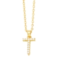 Macro shot of gold-plated cross pendant featuring white inlaid pearls on a necklace - Gold Letter T