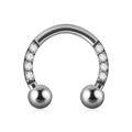 Silver horseshoe barbell ring with cubic zirconia stones and dual spherical ends - 1.2x6x3x3mm / Steel