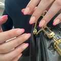Short pink French tip press-on nails with hot pink oval shape on natural base - French Hot Pink Style (JP2426)