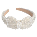 Fashionable beige headband with white faux pearls and clear beads in a bow design - Bowknot Transparent Beads Decoration (Series 8-5)