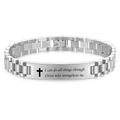 Detail eines Edelstahl-Armbands mit Kreuz und graviertem Bibelvers in Silber-Optik - Silber Kreuz