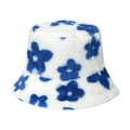 Winter plush bucket hat with blue floral pattern on white faux fur material - 58cm / Blue