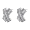Detailed close-up of X-shaped silver earrings featuring rectangular and round zircon inlay - 1 Pair / Platinum White Zirconia