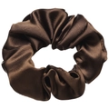 Detailed view of the smooth texture and pleated folds on a dark brown satin scrunchie - Coffee