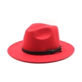 Close-up of a classic red wool felt jazz fedora featuring a thin black leather band buckle - M (56-58cm) / Red
