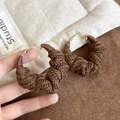 Close-up of brown knit hoop earrings with textured crochet wool and gold metal needle - Coffee (S925 Silver Pin)