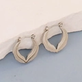 Silver stainless steel geometric hoop earrings with feather texture on a rock - Silver Style K7-23
