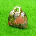 Mini handbag-shaped crystal pendant crafted from green and red natural stone with gold handle - Unakite