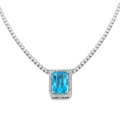 Macro shot of emerald-cut blue gemstone pendant with sparkling white zircon halo necklace - Aquamarine