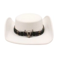 White wool fedora hat with ethnic style woven band and vintage silver bull skull decor - One Size / White