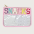 Pink PVC travel pouch with SNACKS chenille patches and transparent window detail - Pink
