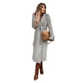 Elegant long wool coat in light gray featuring a waist tie belt and lapel collar - Light Gray