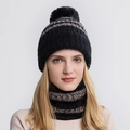 Set cappello in maglia e scaldacollo a righe nero e kaki con pompon di pelliccia - Nero Adulti
