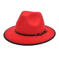 Classic red wool fedora hat with black brim binding and gold buckle leather band decoration - M (56-58cm) / Red