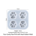 Detailed top view of four-grid heart cat paw silicone resin mold with precise dimensions - 4-Cavity Heart Cat Paw Mold 01