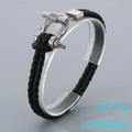 Men's black braided leather bracelet featuring a silver horseshoe buckle and D-shackle design - Style C Steel (KB205371-JR)