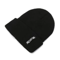 Classic black ribbed knit beanie with fold-over cuff and minimalist woven patch logo - One Size / Black