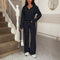 Women's casual two-piece lounge set with navy blue zip-up hoodie and wide-leg pants - S / Black