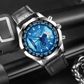 Men's business chronograph watch with silver case, blue dial and black leather strap - Blue Dial Leather Strap