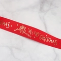 Close-up of red ribbed ribbon with gold Merry Christmas text and bell pattern details - 2.5cm Bell Red (22 Meters)