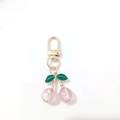 Pink cherry charm keychain with green leaves and golden metal clip for DIY crafts - Pink Cherry Green Leaf Gold Buckle (Cherry A-F)