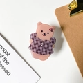 Macro view of cute pink bear hair claw clip with purple plaid shirt on white background - Transparent Grip-Cool Series-Plaid Bear