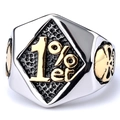 Macro shot of 1%er skull biker ring with golden hexagon face and silver relief - US Size 8 / Gold and Silver (08405)