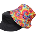 Reversible bucket hat featuring classic black and vibrant colorful tie-dye spiral patterns - 17 (Bright Spiral Tie Dye + Black)