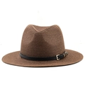 Detailed close-up of dark brown woven straw fedora with black leather band and gold buckle - Coffee