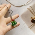 Handmade beaded Christmas tree pendant with green crystals and a red bow charm - Phone/Keychain Pendant-Single