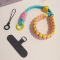 Pink yellow and blue woven adjustable phone wrist strap with dark grey connector patch - Short [Yellow & Pink] Adjustable Braided Lanyard + Dark Gray Patch + Small String