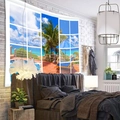 Tapiz con vista de ventana a playa tropical con cocoteros y paisaje del océano - 150x130cm / Playa Tropical