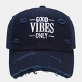 Close-up of Good Vibes Only embroidery and distressed detail on navy baseball cap - Adjustable / Navy Blue