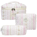 Quilted floral cotton cosmetic bag set with pink plaid patterns and zipper handles - Vertical Small Flower