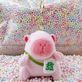 Pink plush capybara keychain with a green crossbody bag featuring lucky character - Pink Green Fortune + Gold Clip
