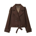 Veste courte marron foncé en laine pour femme avec boutons croisés et ceinture - S / Brun Foncé