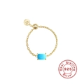 Adjustable S925 sterling silver chain ring with green stone and gold finish - Gold Square - Turquoise