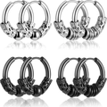 Set of 4 pairs of stainless steel hoop earrings in black and silver with engraved textures - Black Silver Vintage Carved Hoop Combination (36023)