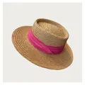 Women's straw boater sun hat with wide pink satin ribbon for beach vacations - 55-58cm Adjustable / Yellow with Rose Red Ribbon