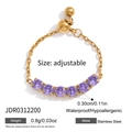Detail of adjustable stainless steel chain ring featuring five purple zircon stones - Purple Five-Stone Style (JDR0312200)