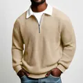 Men's waffle knit long sleeve polo shirt in beige with white collar and half-zipper detail - Khaki