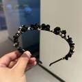 Detail of luxury handmade headband with black crystals, rhinestones and gold flowers - Style SJ0001 / Black