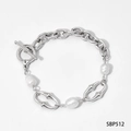 Bracelet en acier inoxydable argenté avec perles d'eau douce et fermoir OT robuste - Bracelet en Argent (SBP512)