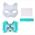 DIY cat face pulp mask kit with teal faux fur trim for Halloween crafting and decoration - DIY Paper Pulp Mask And Accessories (Cyan Blue)