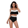 Sexy black and white high waist bikini set with ruffled halter top for women - S / Black & White