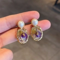 French vintage earrings with purple dried flowers in resin and 18K gold plated base - Lavender Purple Dried Flower