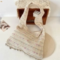 Bolso tote bohemio de punto crema con bordado floral colorido y flecos de conchas - Albaricoque