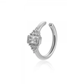 Detailed macro view of silver C-shaped ear cuff with sparkling zircon stone setting - White Silver (Single)